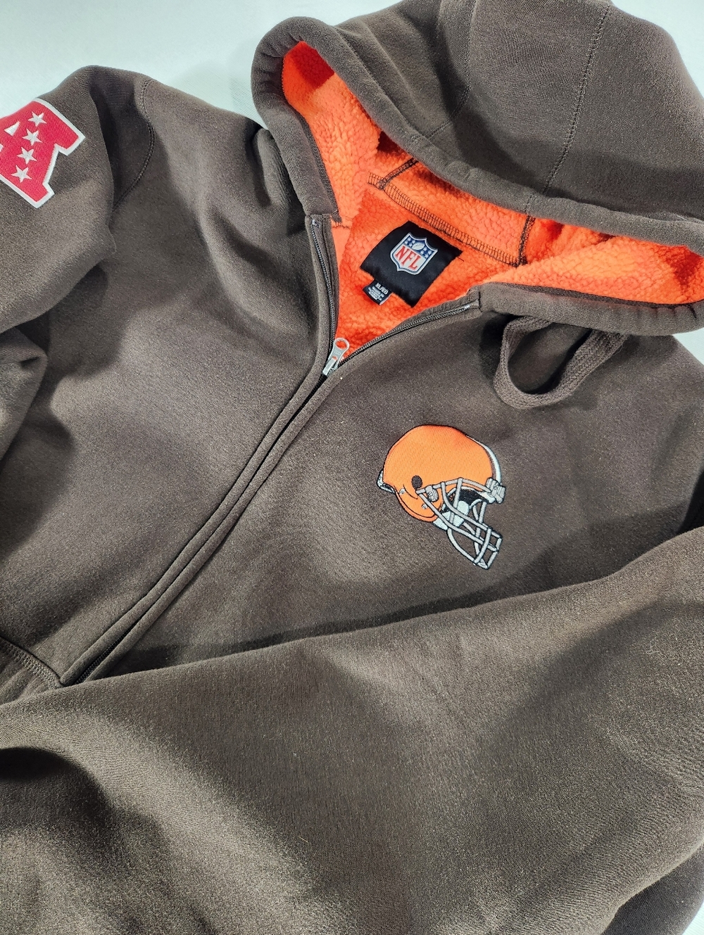 NFL Men's XL Brown Fleece Full Zip Hoodie Cleveland Browns Logo Orange Lining